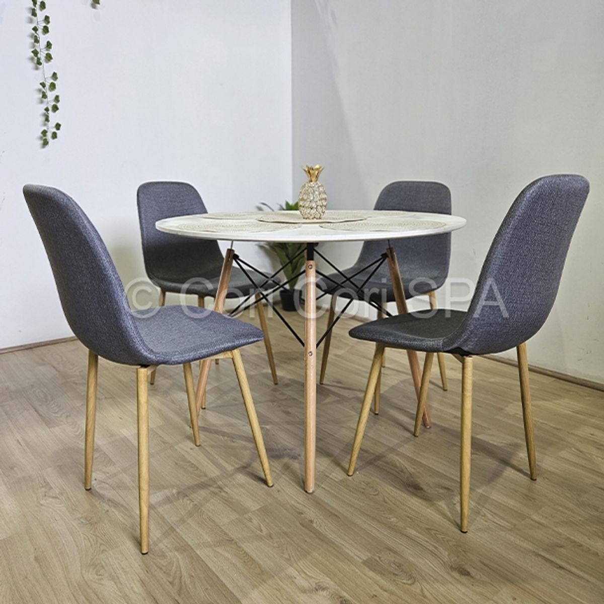 CORI CORI - Comedor Mesa Eames Blanca 100cms + 4 Sillas Scoop Gris