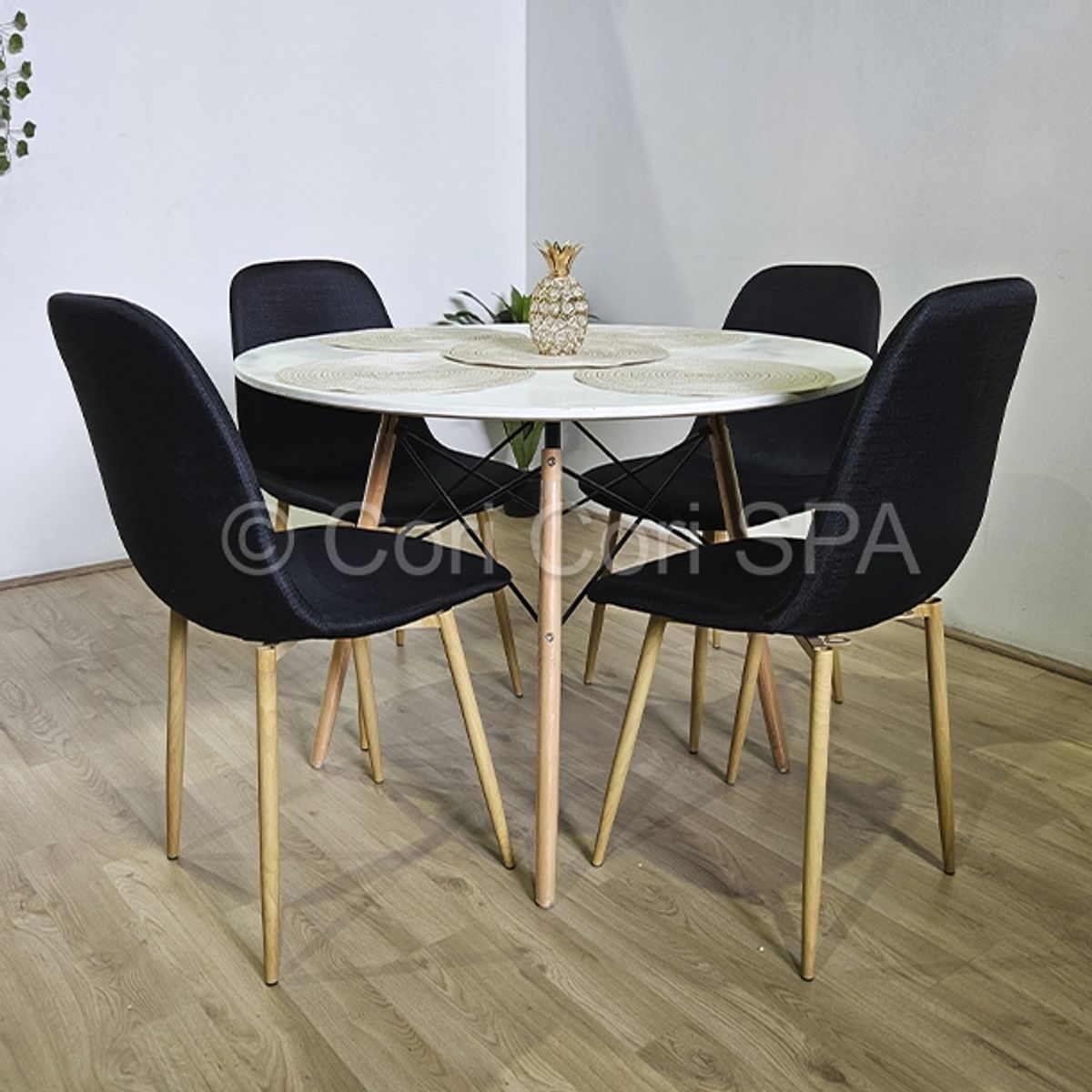 CORI CORI - Comedor Mesa Eames Blanca 100cms + 4 Sillas Scoop Negro