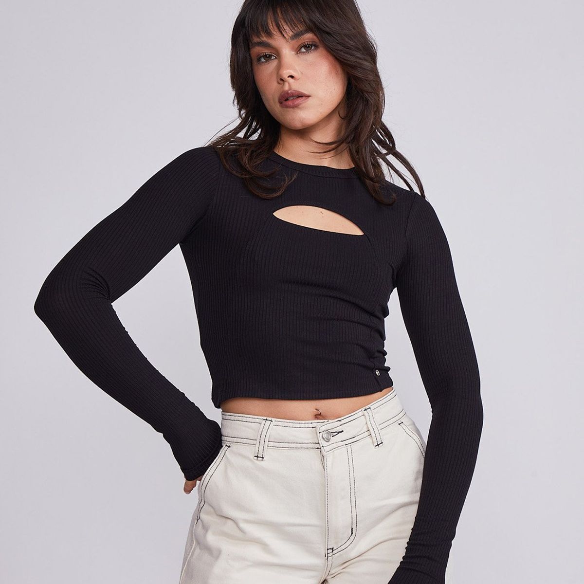 SIOUX - Polera Mujer Negro Manga Larga Escote Centro Sioux