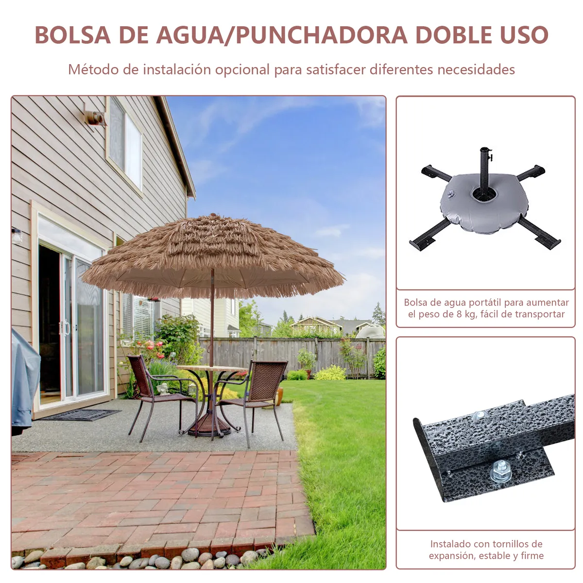 AIZO - AIZO Sombrilla Paja 3m Impermeable Playa o Jardín Café