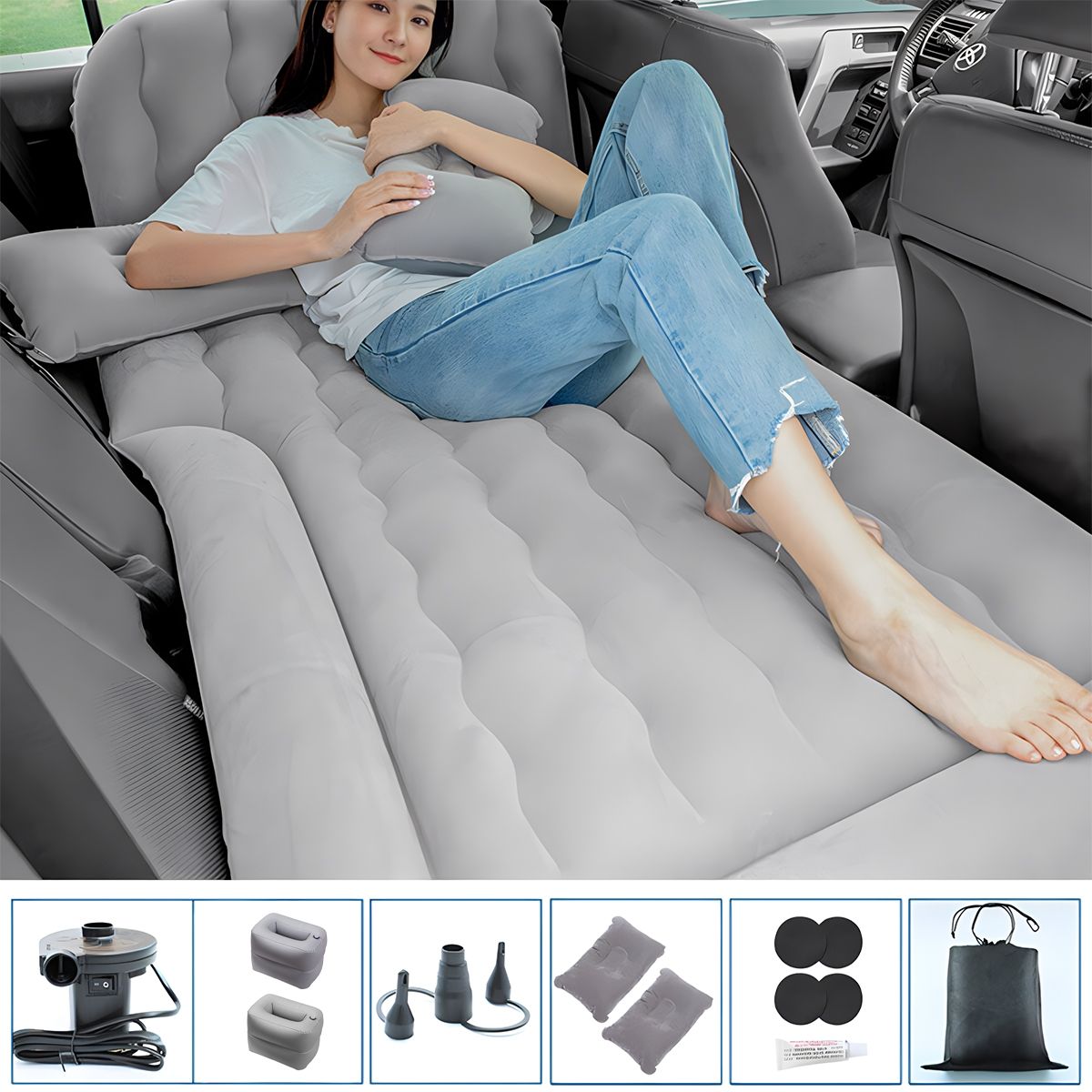 AIZO - Colchon Inflable Con Compresor 12v Y 2 Almohadas Para Auto