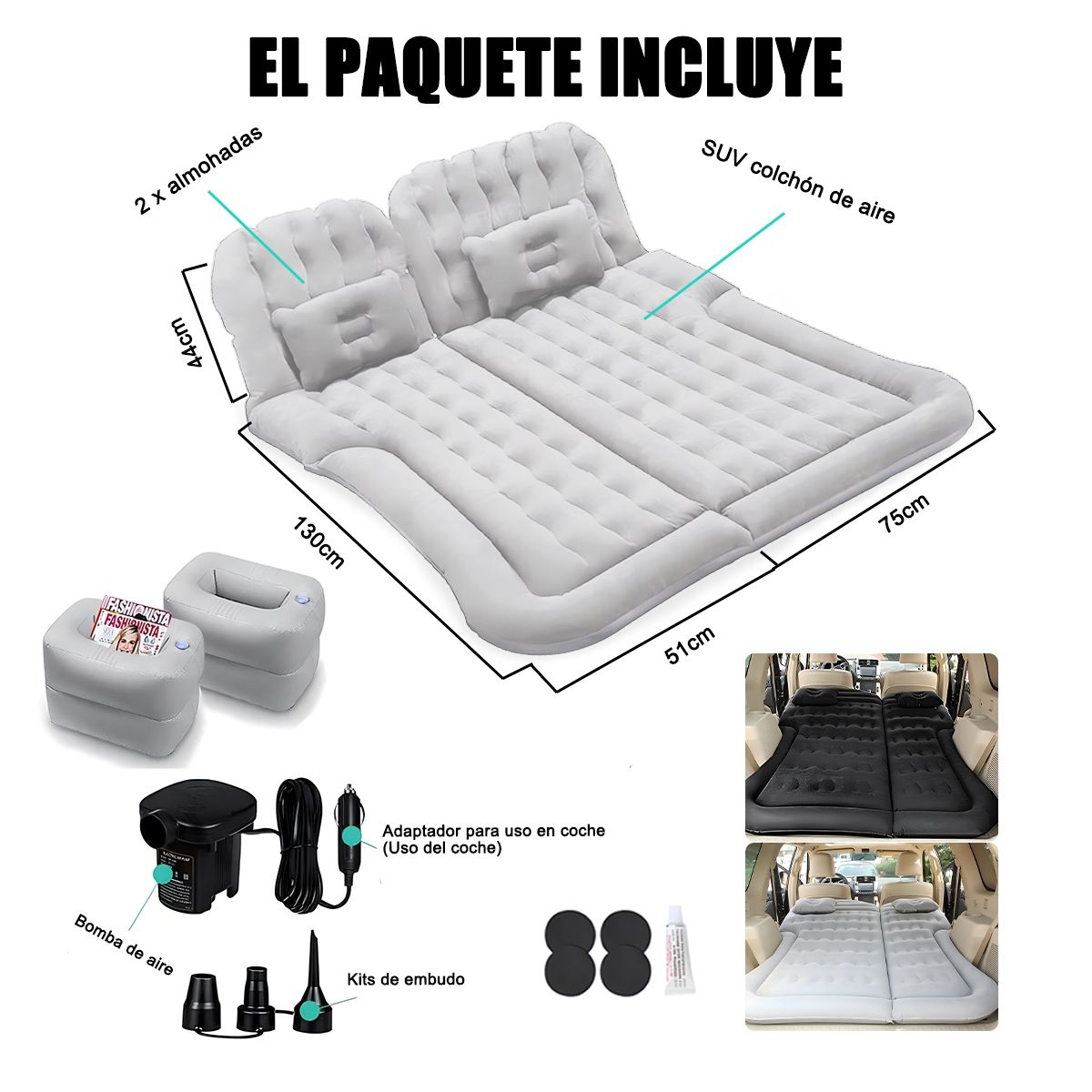 AIZO - Colchon Inflable Con Compresor 12v Y 2 Almohadas Para Auto