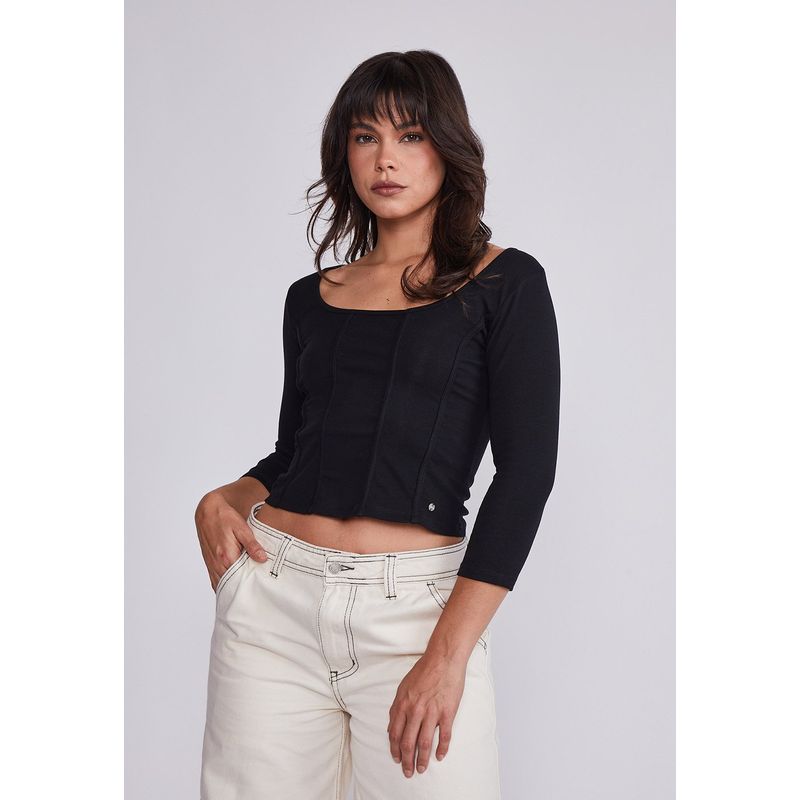 SIOUX - Polera Mujer Negro Manga Larga Tipo Corset Sioux