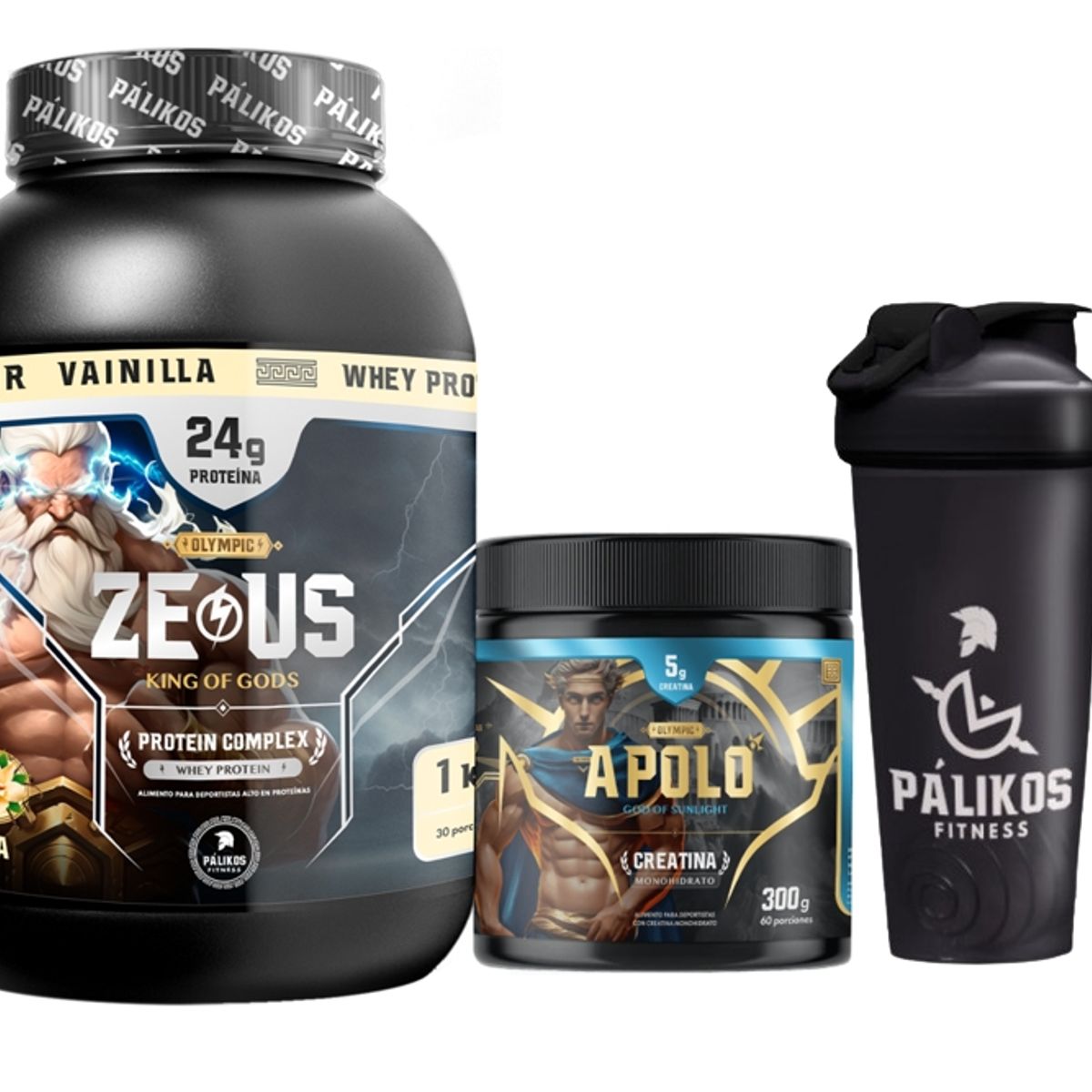 PALIKOS FITNESS - Proteina Zeus Complex 1kg  Creatina apolo 300g  Shaker Vainilla
