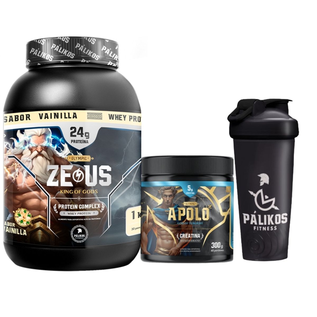 PALIKOS FITNESS - Proteina Zeus Complex 1kg  Creatina apolo 300g  Shaker Vainilla