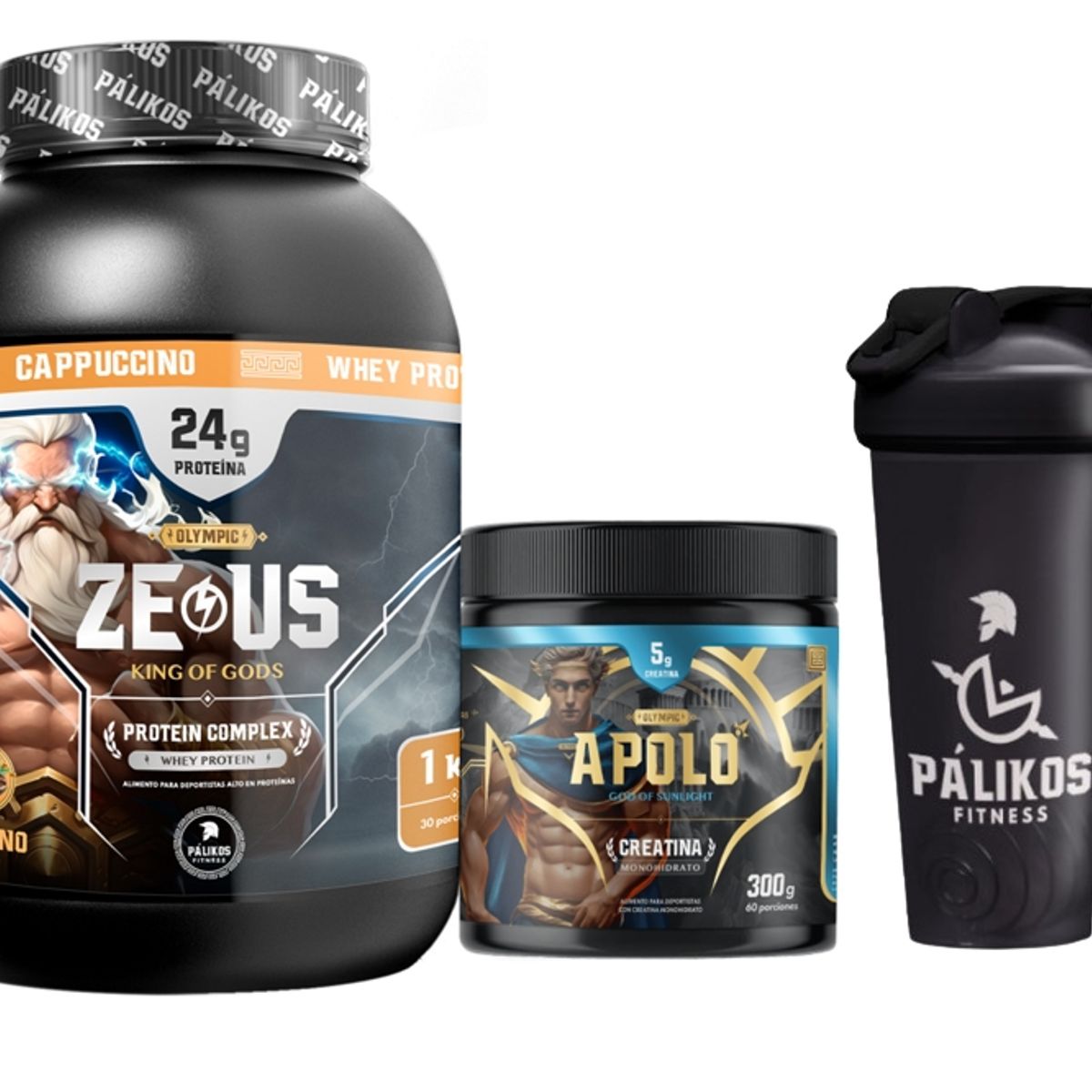 PALIKOS FITNESS - Proteina Zeus Complex 1kg  Creatina apolo 300g  Shaker Cappuccino
