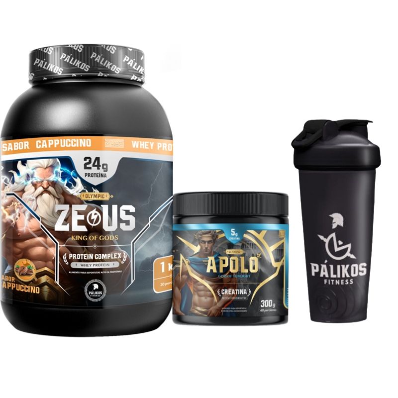 PALIKOS FITNESS - Proteina Zeus Complex 1kg  Creatina apolo 300g  Shaker Cappuccino