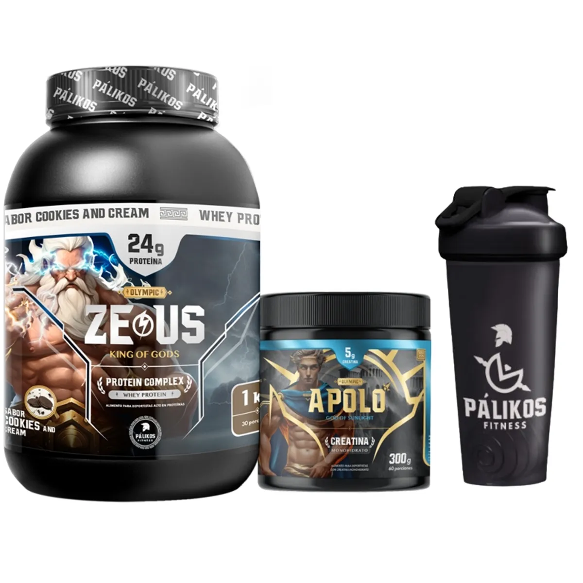 PALIKOS FITNESS - Proteina Zeus Complex 1kg  Creatina apolo 300g  Shaker Cookies