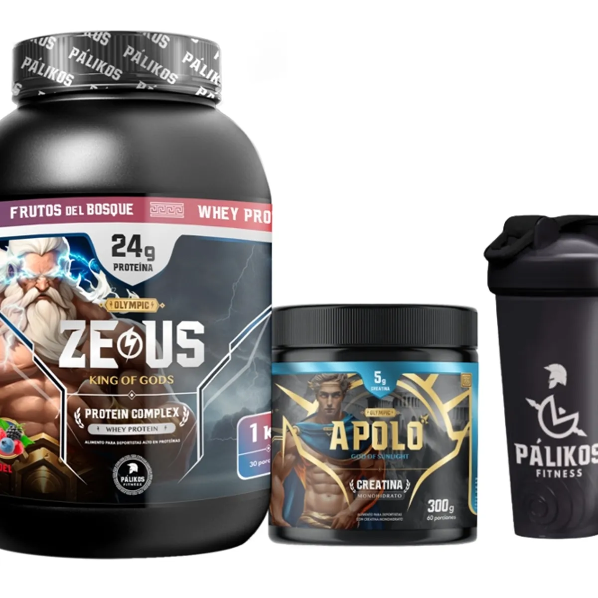 PALIKOS FITNESS - Proteina Zeus Complex 1kg  Creatina apolo 300g  Shaker Frutos