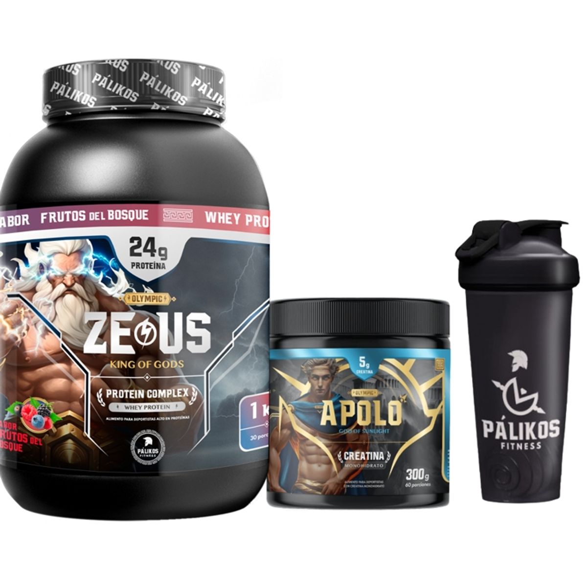 PALIKOS FITNESS - Proteina Zeus Complex 1kg  Creatina apolo 300g  Shaker Frutos