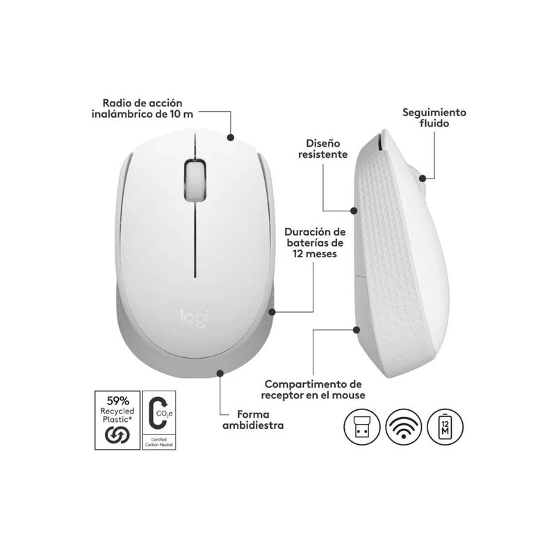 LOGITECH - Mouse Inalámbrico Logitech M170 3 botones 2.4 GHz Blanco LOGITECH