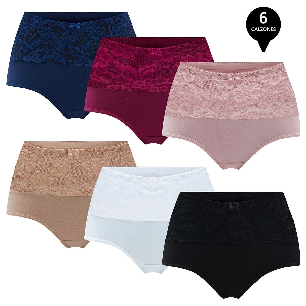 GIOVACCHINO - Pack de 6 Calzon Tiro Alto Algodón con Encaje