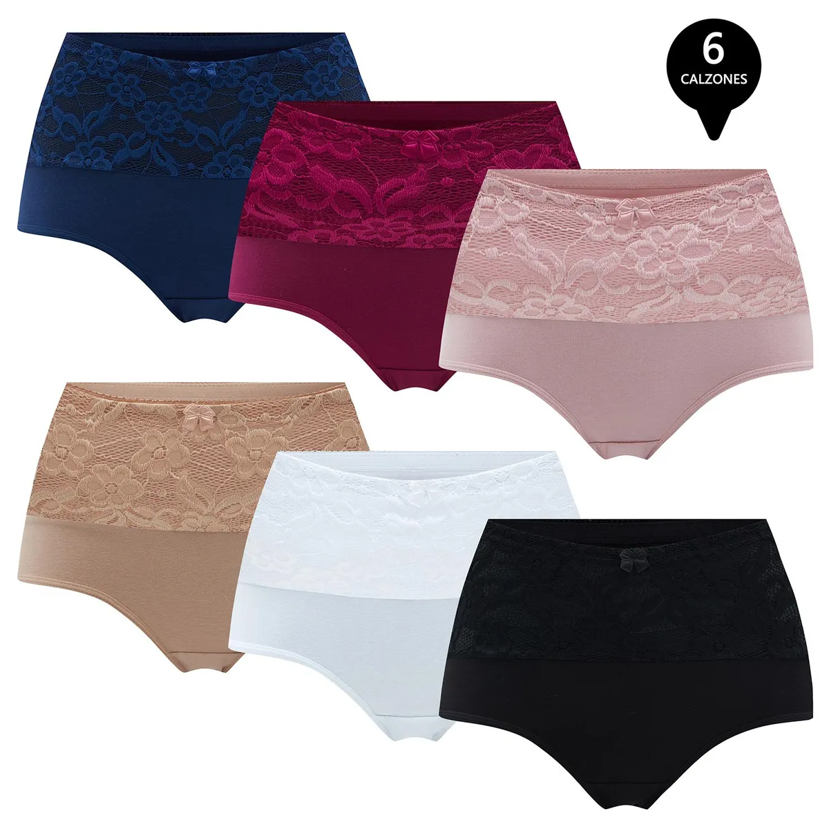 GIOVACCHINO - Pack de 6 Calzon Tiro Alto Algodón con Encaje