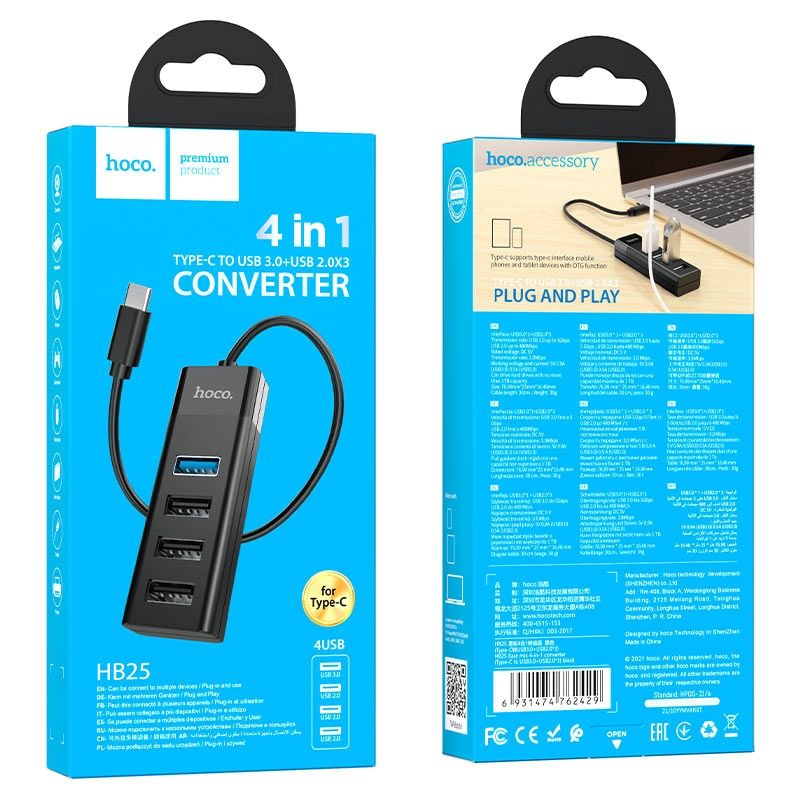 GENERICO - Adaptador HUB USB-C A 4 USB 4 EN 1 HOCO HB25
