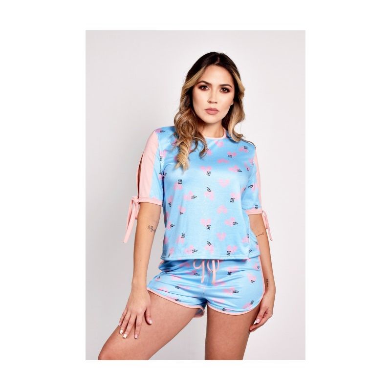 ADRIANA ARANGO - Pijama Pantalon Corto 2 Piezas Celeste Estampado 8899 M Adriana Arango