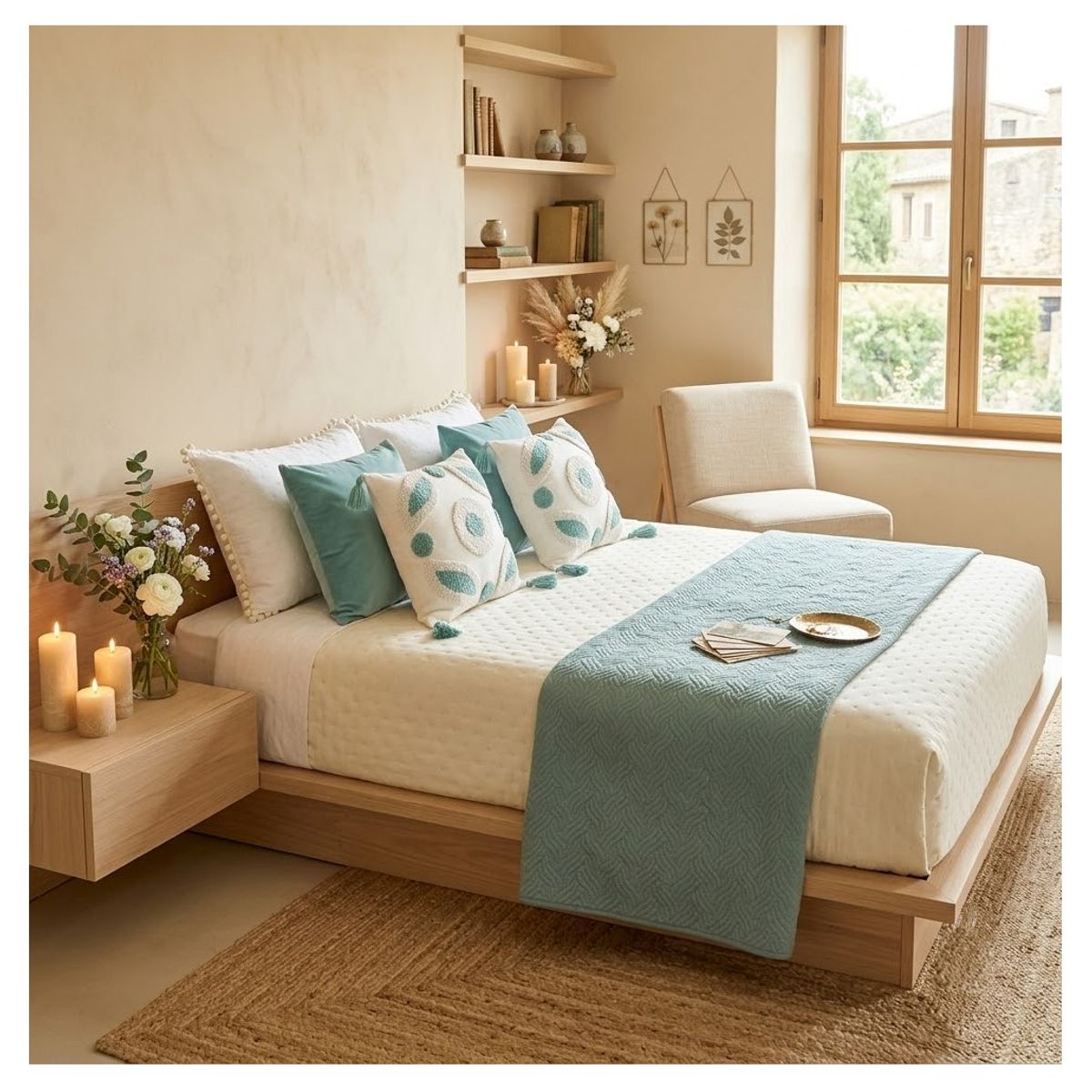 COMPRAPO - Set Piecera Plush + 2 Fundas Boho 2 Pzas. o King Mod. Naturals Aqua