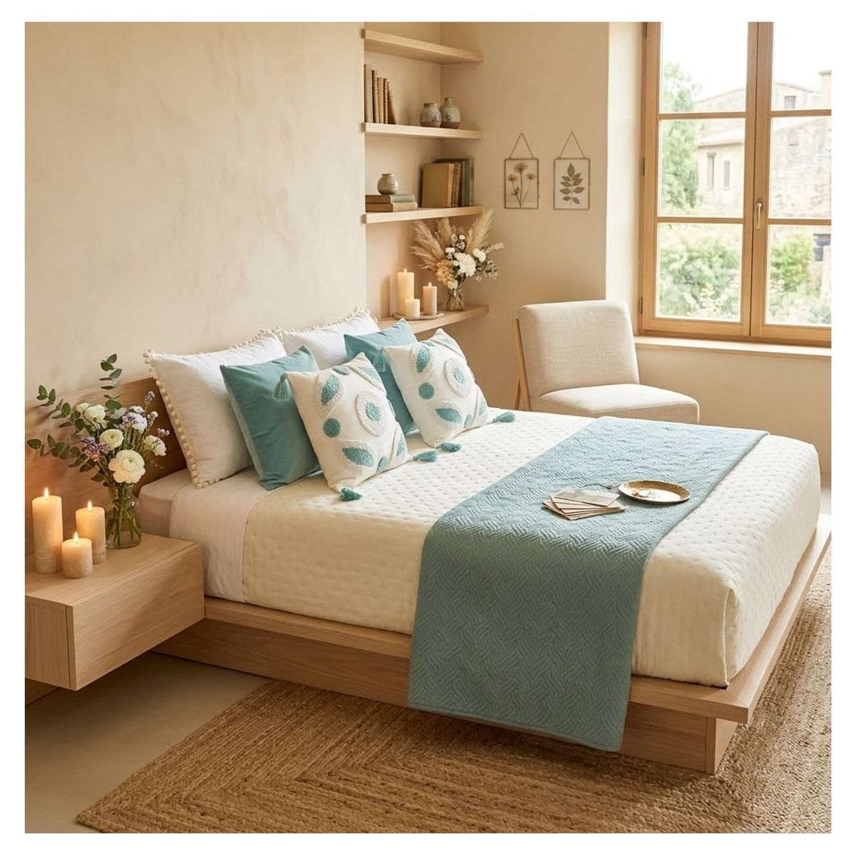 COMPRAPO - Set Piecera Plush + 2 Fundas Boho 2 Pzas. o King Mod. Naturals Aqua