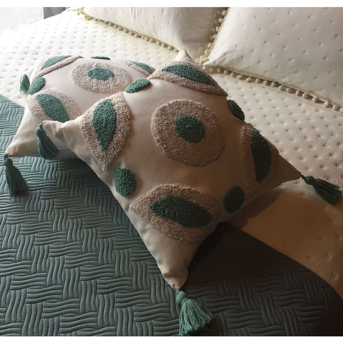 COMPRAPO - Set Piecera Plush + 2 Fundas Boho 2 Pzas. o King Mod. Naturals Aqua