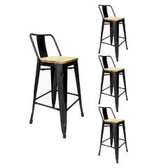 OH MI HOGAR - Pack 4 Taburetes Tolix Negro 65cm Asiento Madera