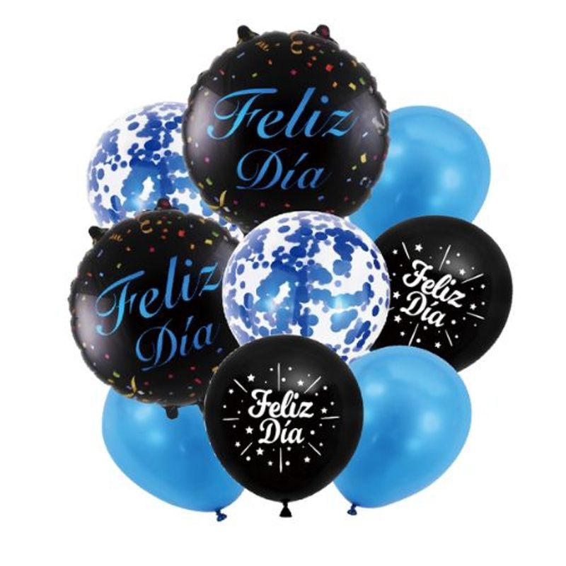 GENERICO - Globos Diseño Redondo Feliz Dia Azul Negro 9 Unidades