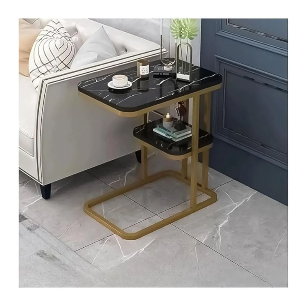 GENERICO - Mesa Auxiliar Marmol Dormitorio Mesa Sofa Mesa Portátil Negro