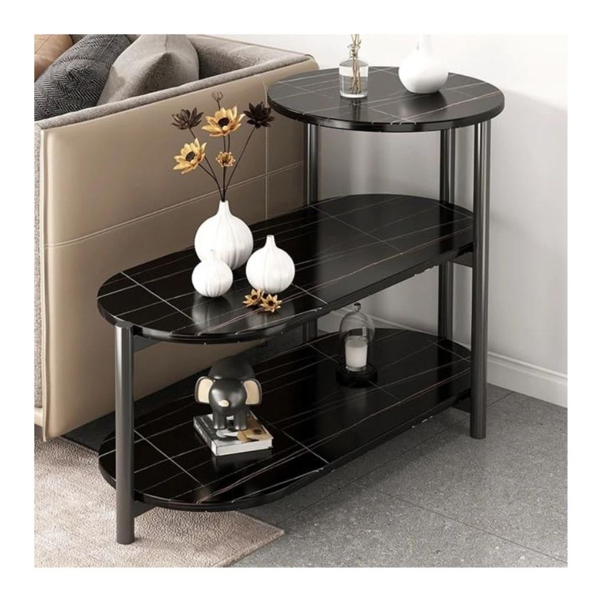 GENERICO - Mesa Auxiliar De Lujo De 3 Niveles Mesa De Centro Decorativa Negro