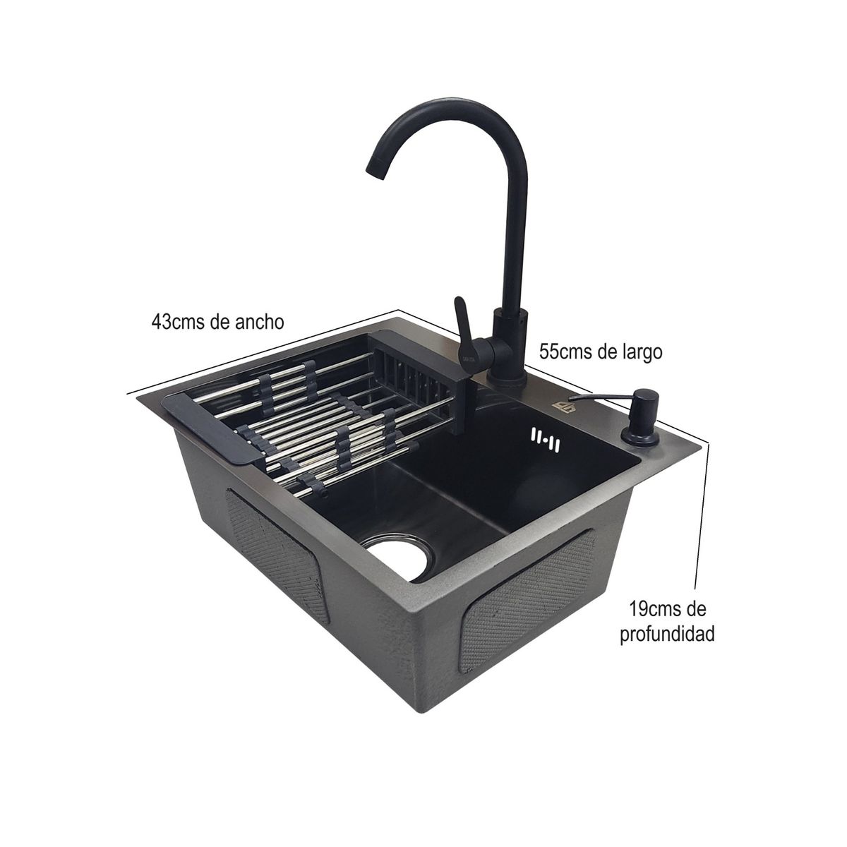 GENERICO - LAVAPLATOS 55x43 GRAFITO OSCURO + LLAVE + REJILLA + DISPENSADOR