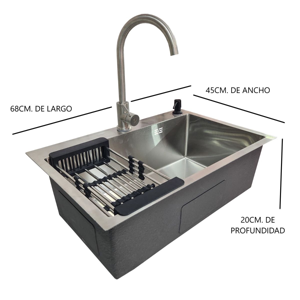 GENERICO - LAVAPLATOS 68x45 SILVER + LLAVE + REJILLA + DISPENSADOR