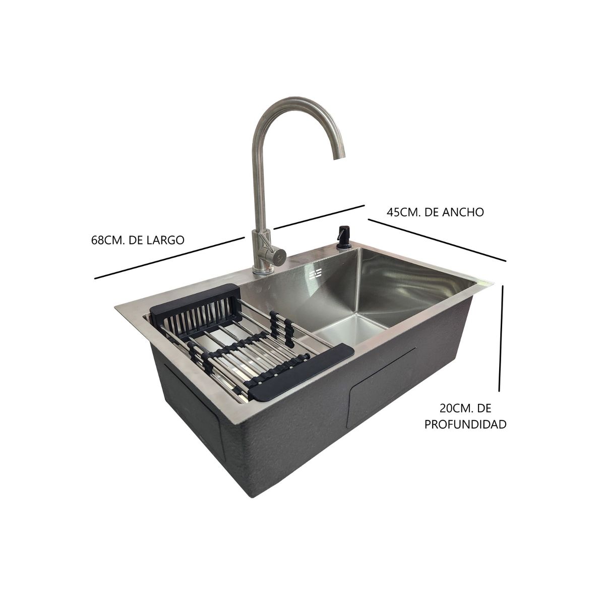 GENERICO - LAVAPLATOS 68x45 SILVER + LLAVE + REJILLA + DISPENSADOR