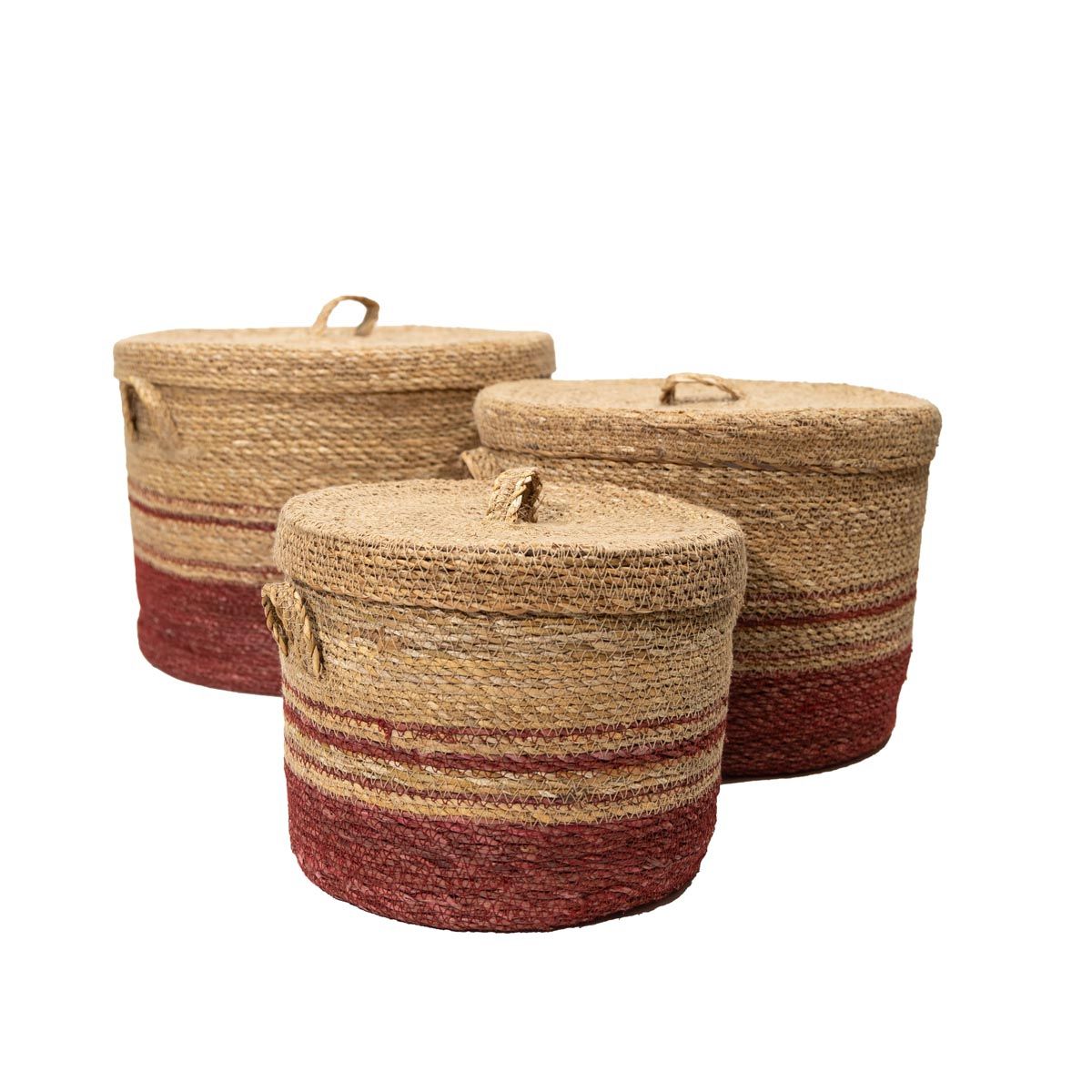 NECTAR - Set 3 Canastos Bandurria de Fibra Natural con Tapa Detalles en Burdeos