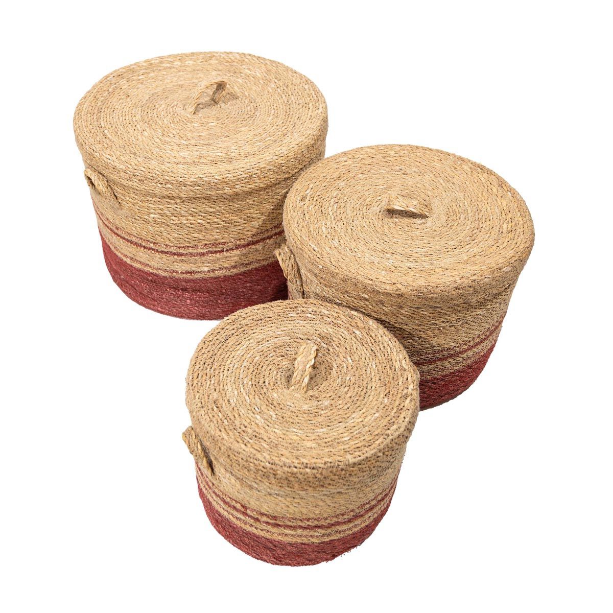 NECTAR - Set 3 Canastos Bandurria de Fibra Natural con Tapa Detalles en Burdeos