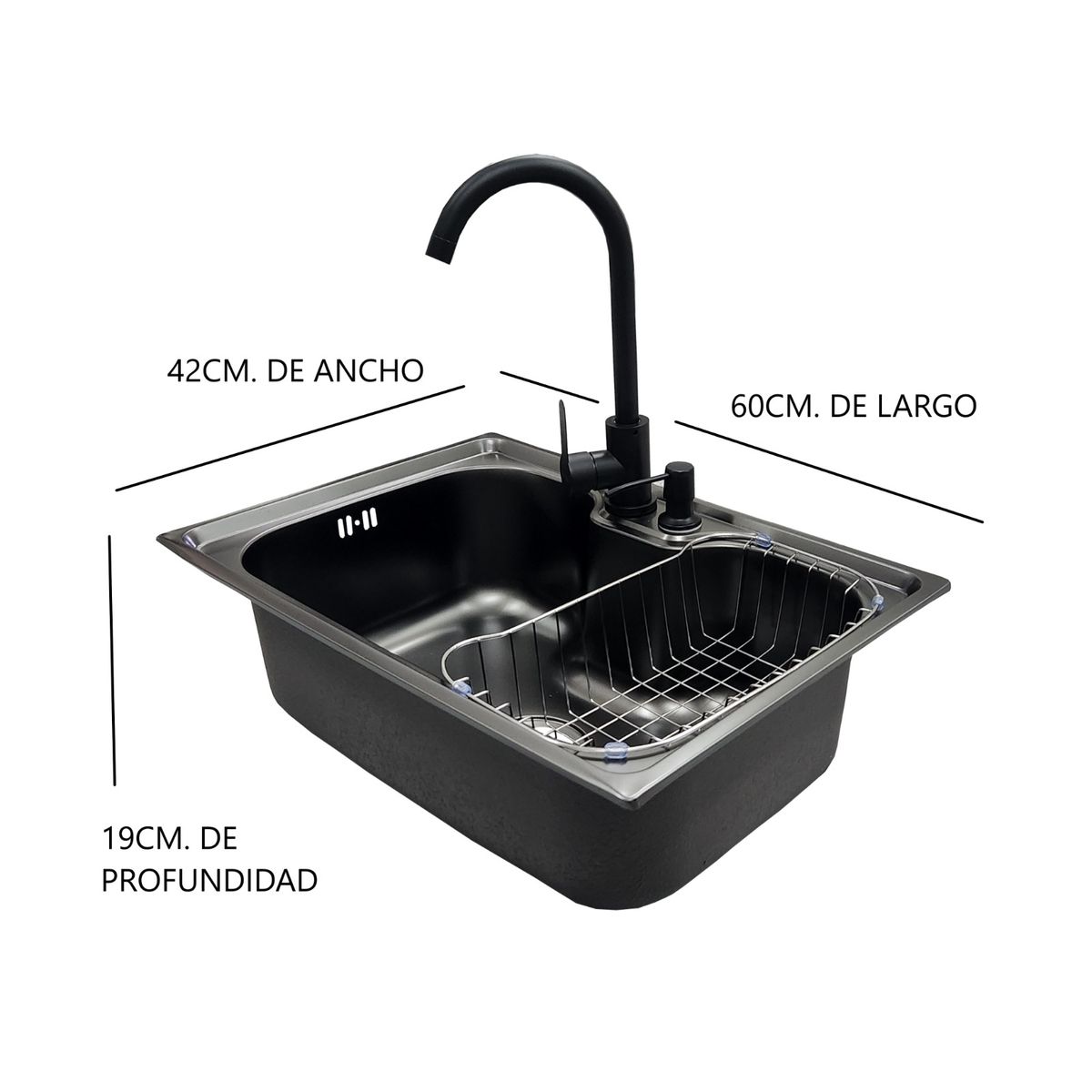 GENERICO - LAVAPLATOS 60x42 SOBRE CUBIERTA BLACK + LLAVE + DISPENSADOR + REJILLA