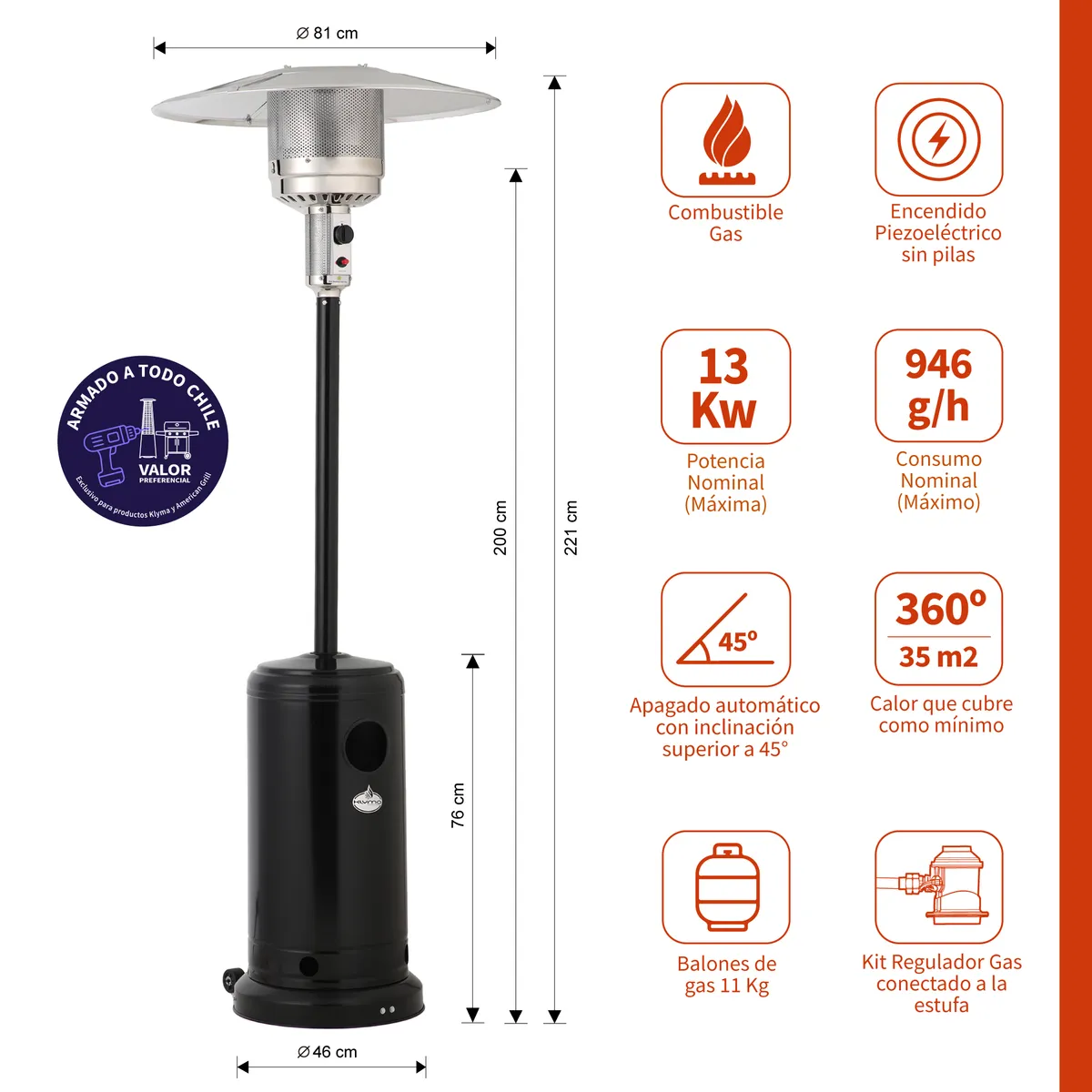 KLYMA - Estufa a Gas Exterior Terraza SETAX Negra