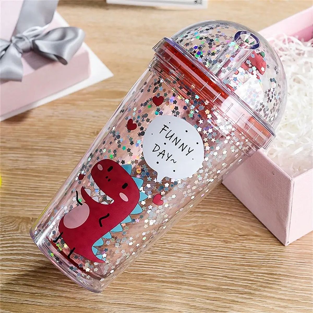 GENERICO - VASO DINOSAURIO INFANTIL CON BOMBILLA - ROSA