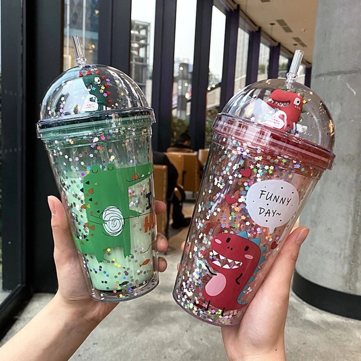 GENERICO - VASO DINOSAURIO INFANTIL CON BOMBILLA - ROSA