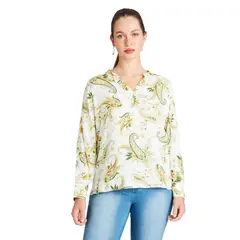 CURVI - Blusa Manga Larga Cuello Mao Estampada Crudo