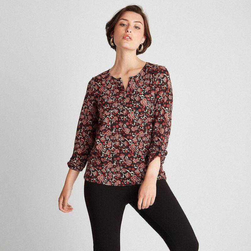 CURVI - Polera Manga Roll Up Y Botones En Escote Terracota CURVI
