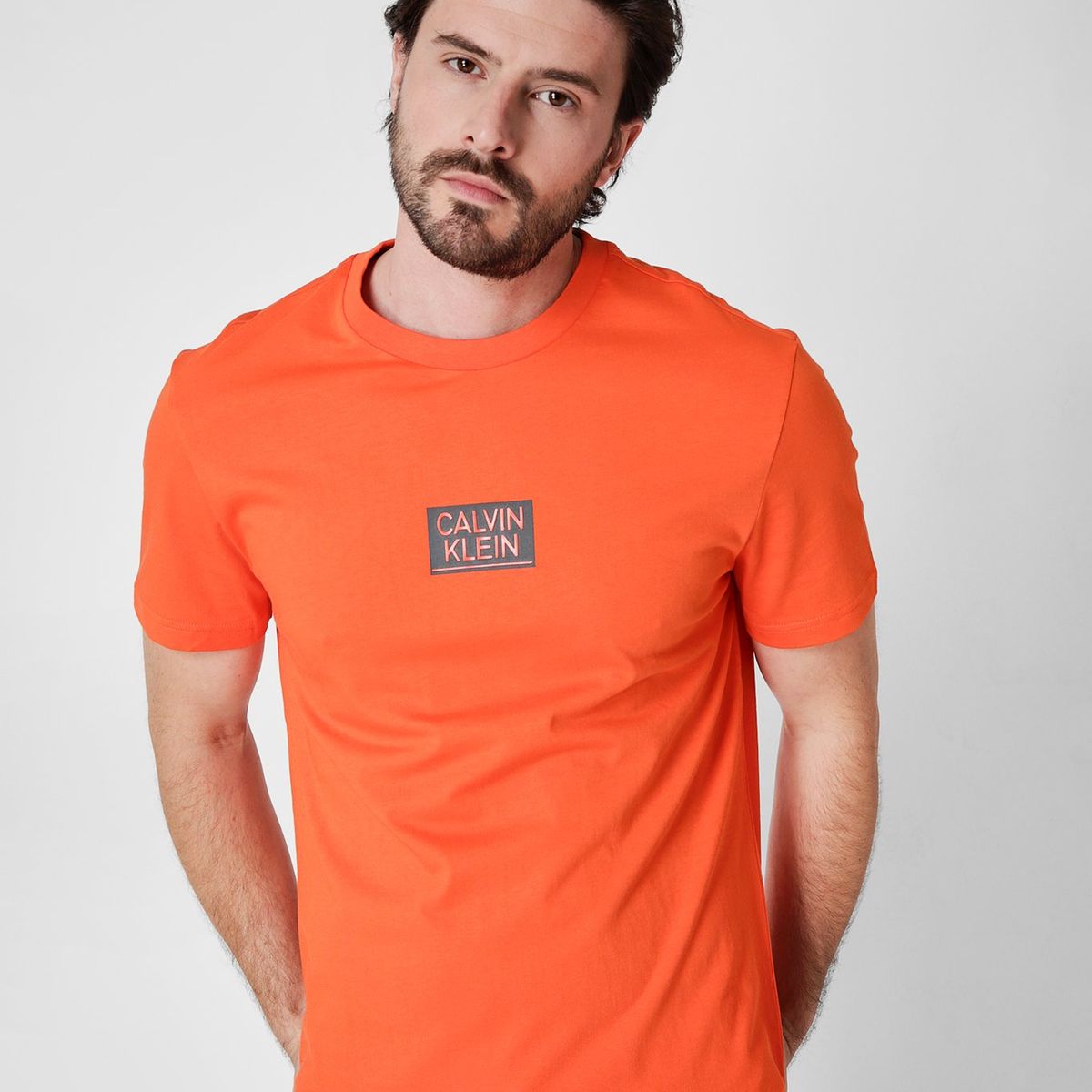 CALVIN KLEIN - Polera Gloss Stencil Logo  Naranja Calvin Klein
