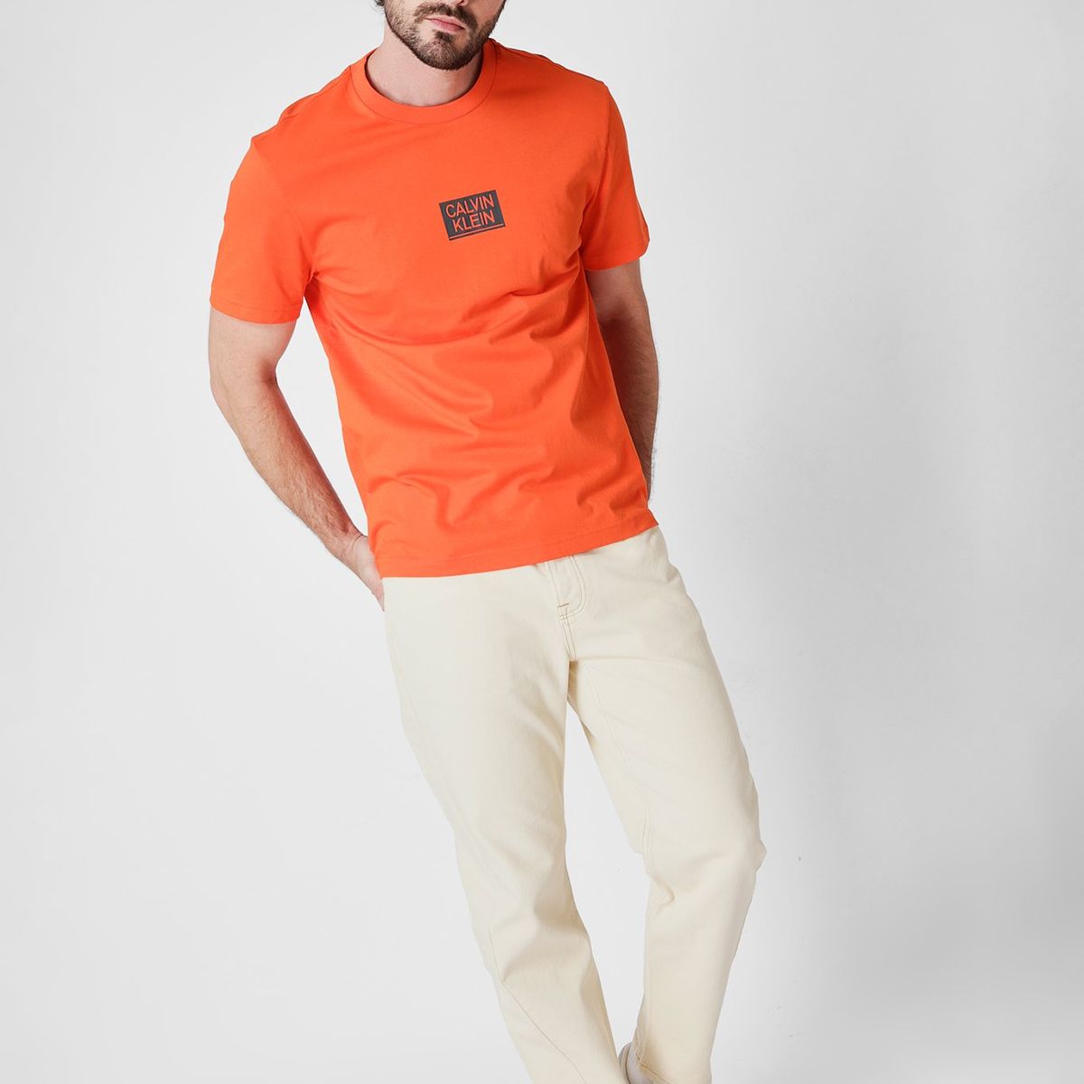 CALVIN KLEIN - Polera Gloss Stencil Logo  Naranja Calvin Klein