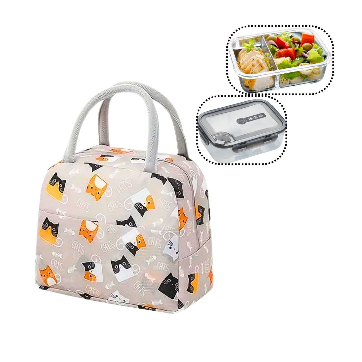 GENERICO - Lonchera Térmica Beige Diseño Gatitos Almuerzo Trabajo Escolar