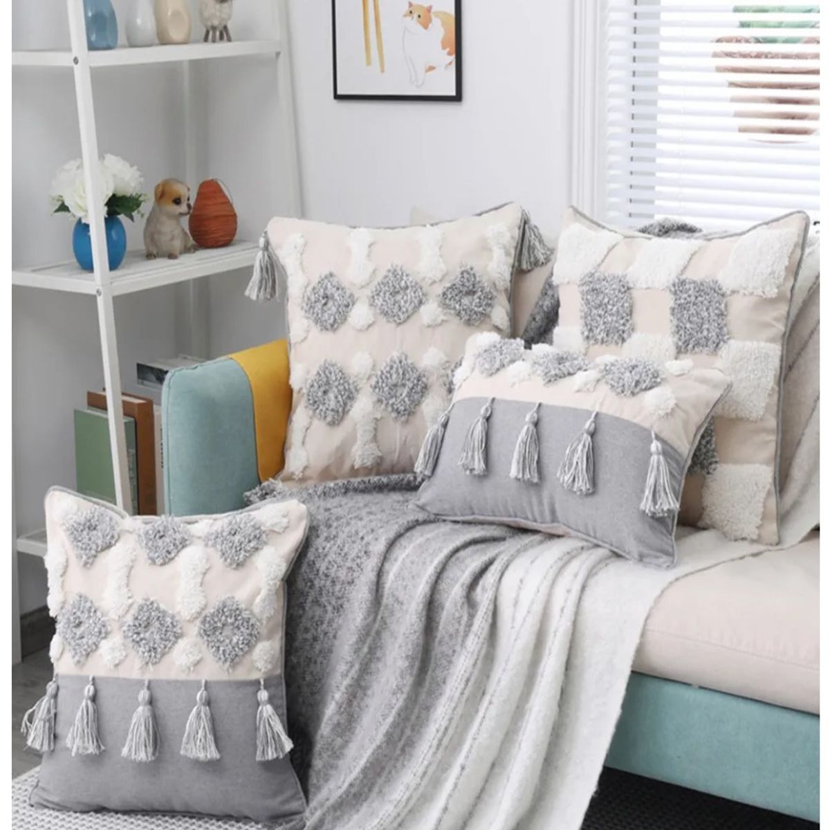 COMPRAPO - Cojín con Relleno Estilo Boho Gris Crudo 45x45 cm con Borlas