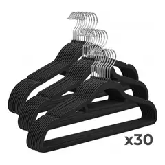GENERICO - Set 30 Ganchos De Gamuza Anti-arrugas Antideslizante Perchero Negro