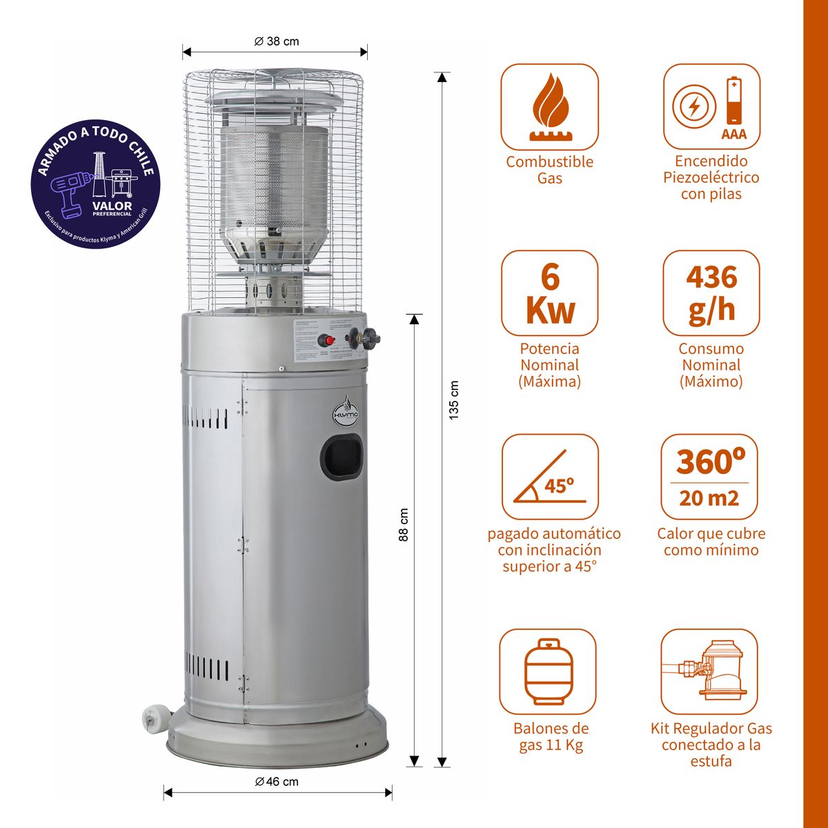 KLYMA - Estufa a Gas Exterior Terraza CILDRO LW Inox 1,35 metros