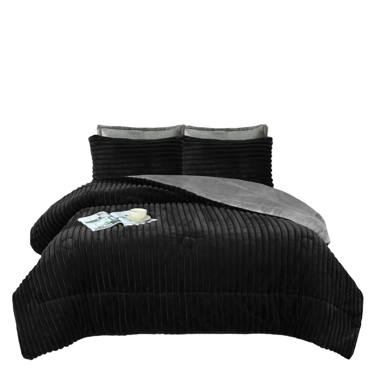 ANGELES DEL HOGAR - COBERTOR PLUSH CON CHIPORRO TEXTURA RAYA 2 PLAZAS NEGRO