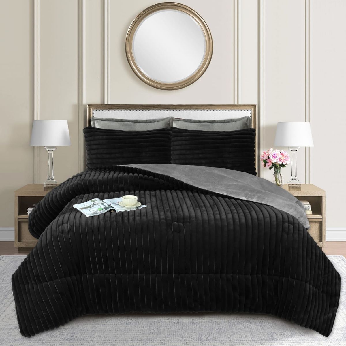 ANGELES DEL HOGAR - COBERTOR PLUSH CON CHIPORRO TEXTURA RAYA 2 PLAZAS NEGRO