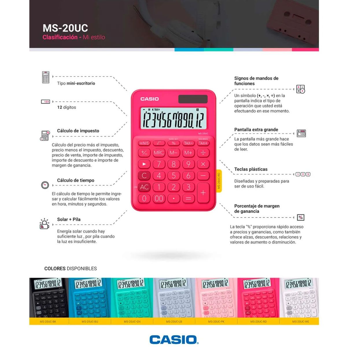 CASIO - Calculadora Portatil Con Panel Solar 12 Digitos MS-20UC-RD