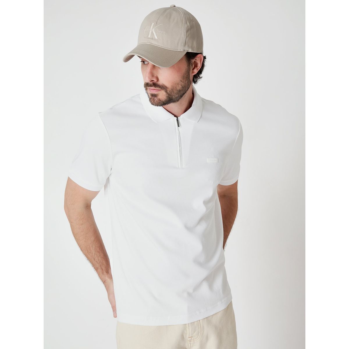 CALVIN KLEIN - Polo Smooth Welt Zip  Blanco Calvin Klein