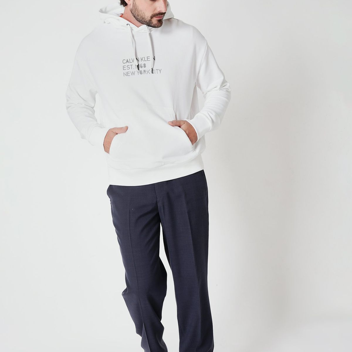 CALVIN KLEIN - Polerón con Gorro Mixed Blanco Calvin Klein