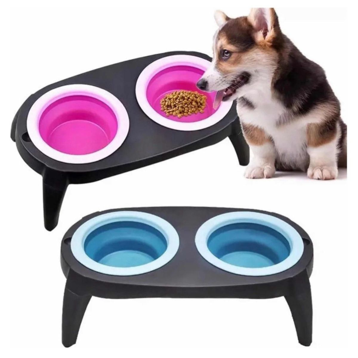 GENERICO - Plato Doble Plástico Plegable Para Mascotas Celeste