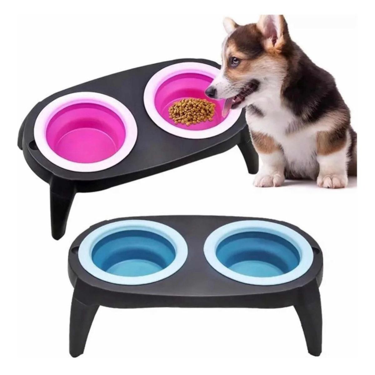 GENERICO - Plato Doble Plástico Plegable Para Mascotas Celeste